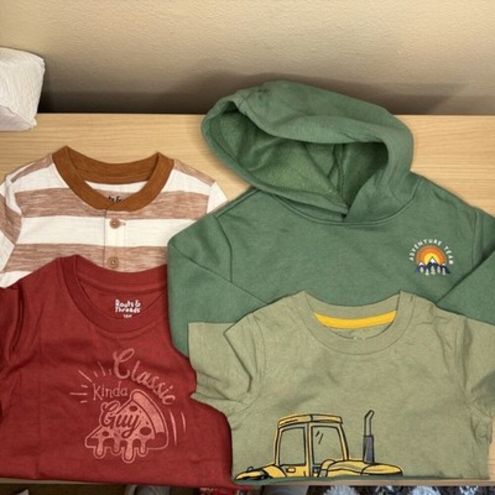 4 Piece Roots & Threads Boys Hoodie/Shirt 12-18 Mo Pizza Stripes Adventure